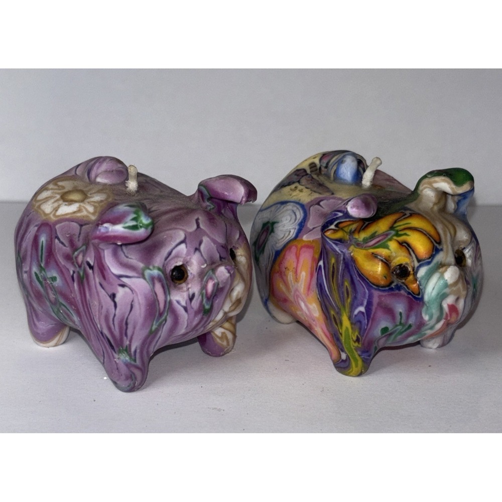 Vintage Marbled Pig Candles - Set of 2 - Retro Figural Wax Decor - Unburnt